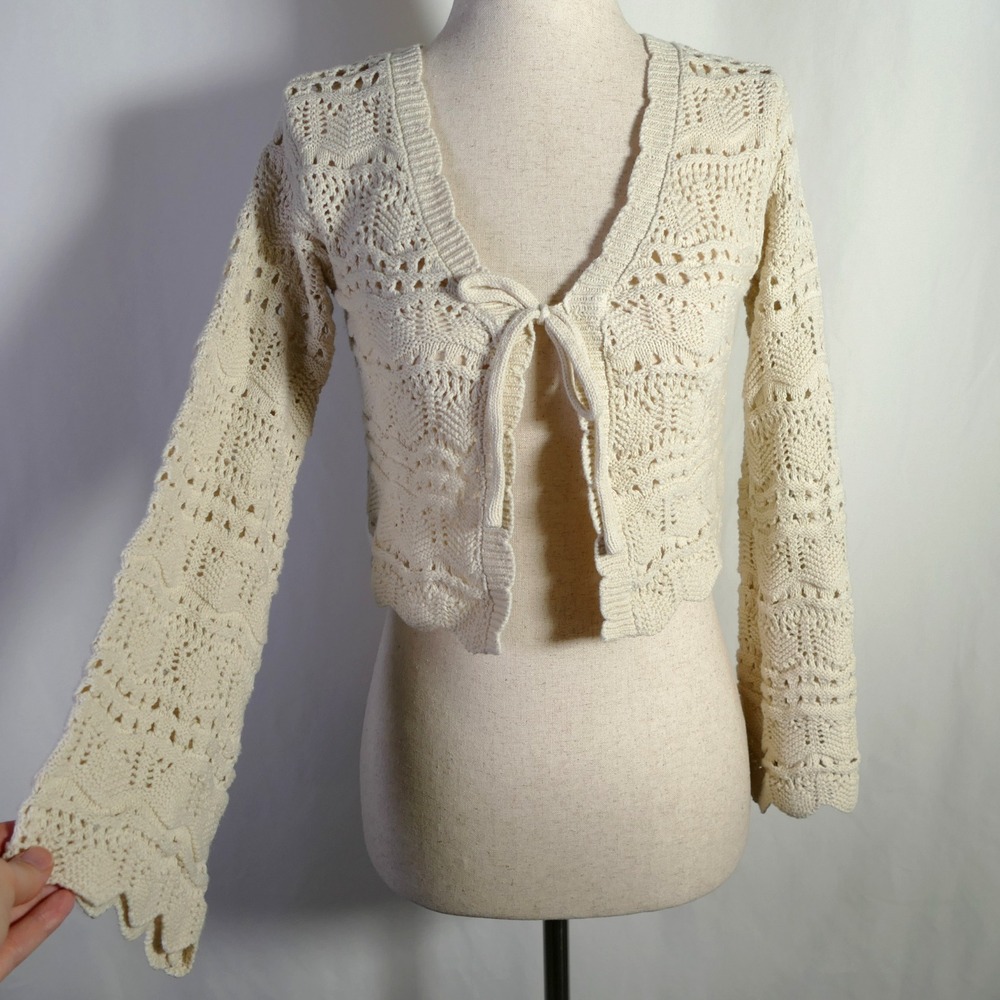Womens Boho Cottagecore Crochet Open Knit Tie Front Top Size XS Ivory Beachy